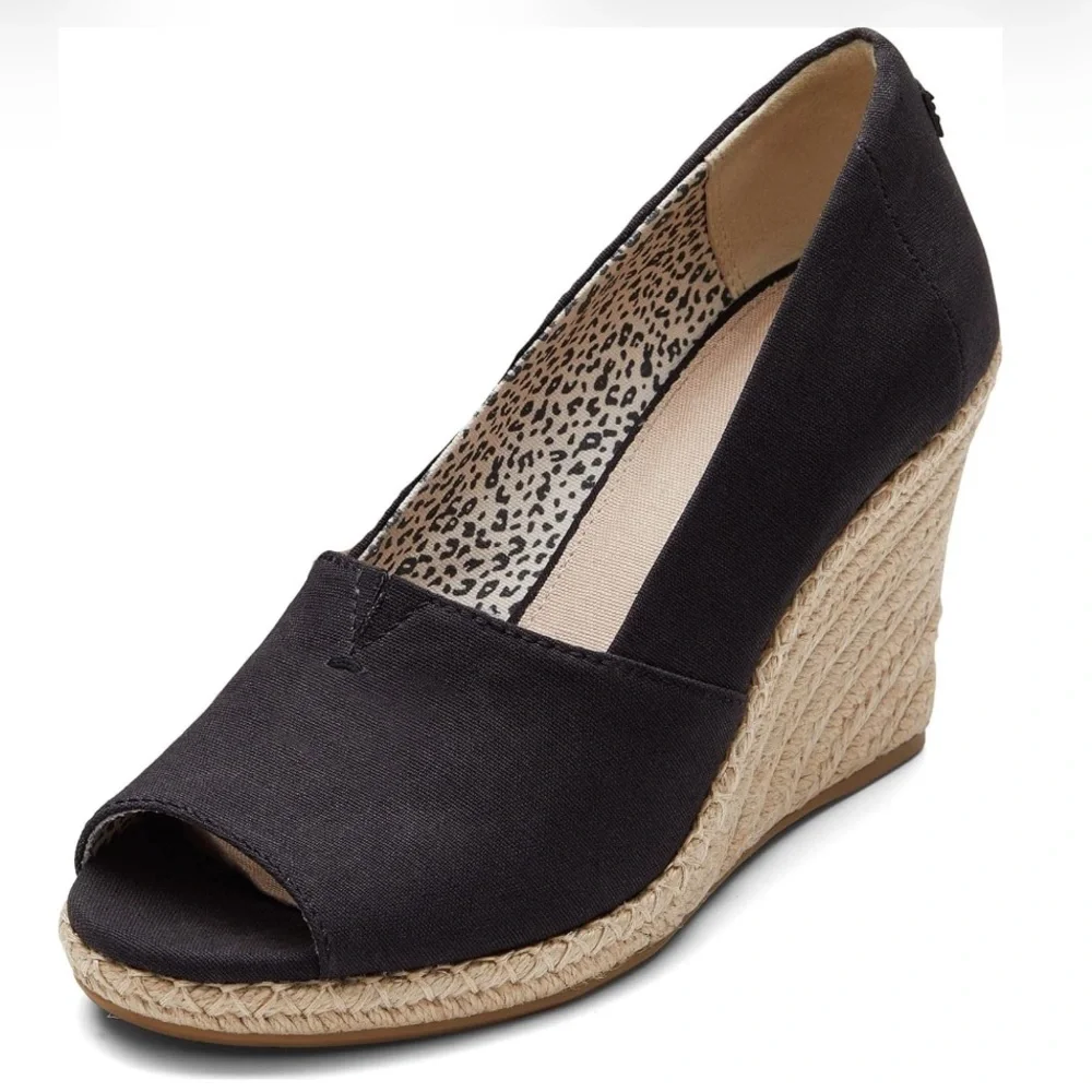 NWOT TOMS | Women’s Black Canvas Peep-Toe Michelle Wedge Espadrille Heels Sz 12